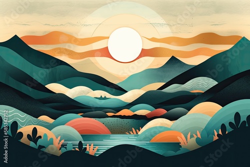 Gorgeous natural landscapes mountains ocean and sun  simple art landscapes  mountain wall art  abstract boho nature walls  perfect art for living room or workplace. Generative AI