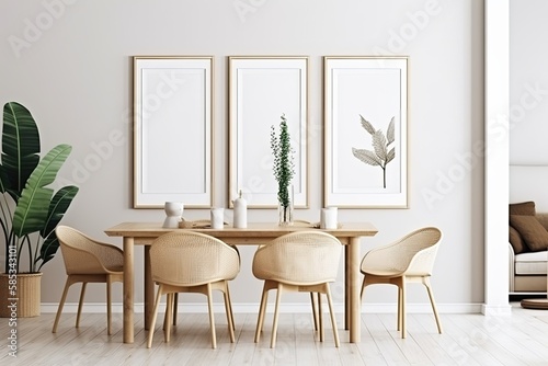 empty mock up poster frame in modern interior background, dinning room, Scandinavian style as interior idea - Generative AI © Hanjin