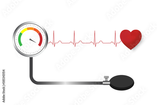 Classic blood pressure monitor with heartbeat line and pressure gauge isolated on white background. High blood pressure. hypertension. Heart rhythm.Vector.illustration.