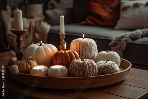 Still life. Knitted pumpkin, candles, and white china pumpkins on a wooden tray on a living room coffee table. Autumn theme. Generative AI