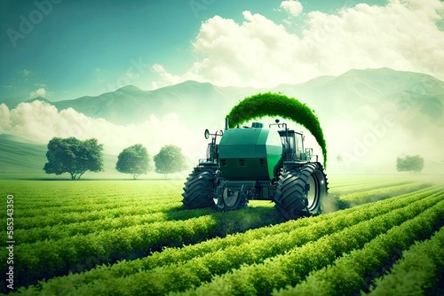 Modern agricultural tractor rides through green field and wateres plants, created with generative ai photo