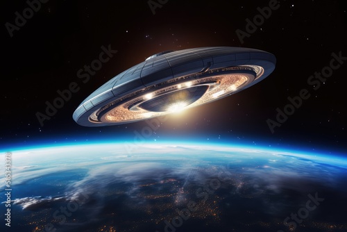 Photo Big ufo mothership in orbit above earth