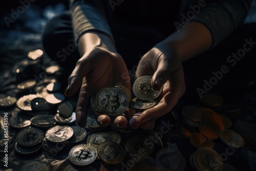 Bitcoin close up in hands concept, made with generated ai photo