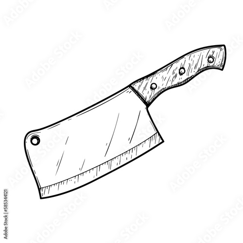 Large cleaver knife. Butcher and kitchen utensil. Chef's tool. Hand drawn sketch style drawing. Vector illustration.