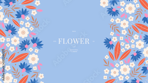 Minimalist floral background. Various floral elements. Horizontal vector banner. Vector illustration