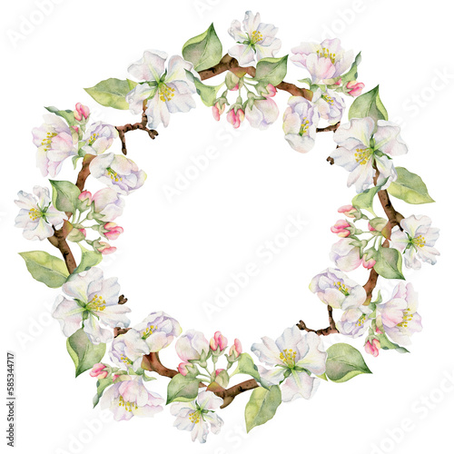 Hand drawn watercolor apple flowers, branches and leaves, white, pink and green blossom. Circle round wreath. Isolated on white background. Design for wall art, wedding, print, fabric, cover, card. © Elena