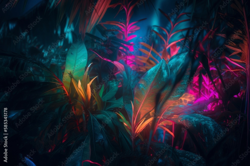 Neon-themed leaves shine brightly against a dark backdrop, creating a surreal and mesmerizing image that's perfect for use in advertising, social media, or art projects. Generative AI Neon-themed leaves shine brightly against a dark backdrop, creating a surreal and mesmerizing image that's perfect for use in advertising, social media, or art projects. Generative AI