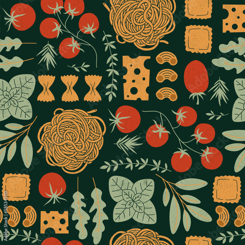 Italian pasta ingredients. Spaghetti and ravioli background. Tasty seamless pattern. 