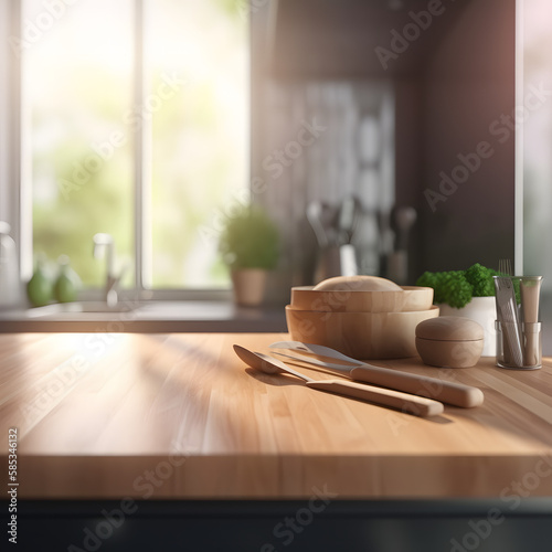 Table Top And Blur Interior of The Background created with Generative AI technology. © Vahram