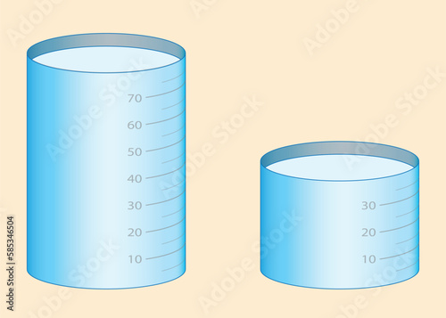 Physics. Scaled, small and large water containers. Science experiment vessels, water-filled and empty vessels on scales and scales.