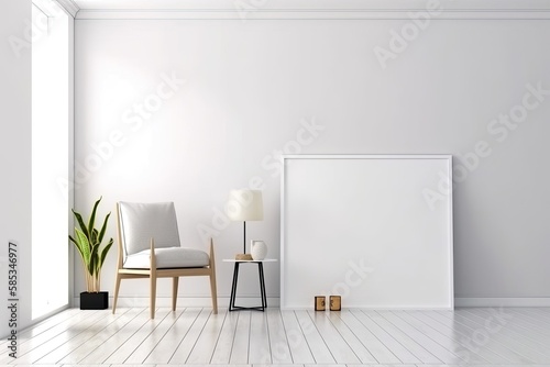 Empty mockup poster frame in modern interior background  interior space  living room  minimal  all synchron  Contemporary style interior idea - Generative AI