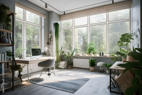 Modernist Home Office Interior Design with Natural Light  Plants  and Modern Furniture for a Productive Work Environment