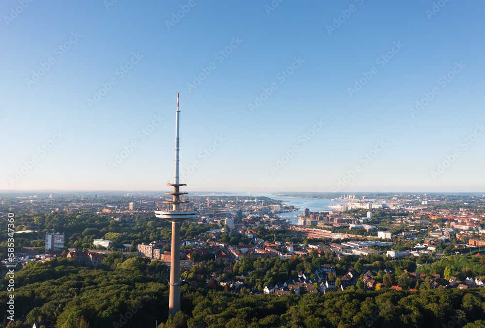 Beautiful summer skyline panorama of Kiel, Schleswig-Holstein, Germany. Telecommunication Tower (Fernmeldeturm) in the foreground