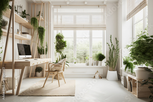 Modernist Home Office Interior Design with Natural Light  Plants  and Modern Furniture for a Productive Work Environment