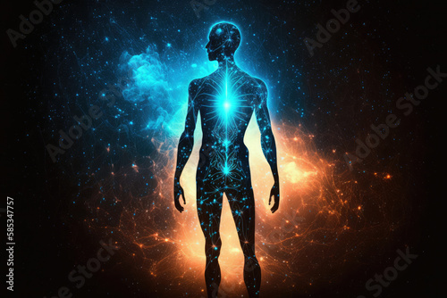 Сyber space concept of glowing astral body silhouette neural network AI generated art