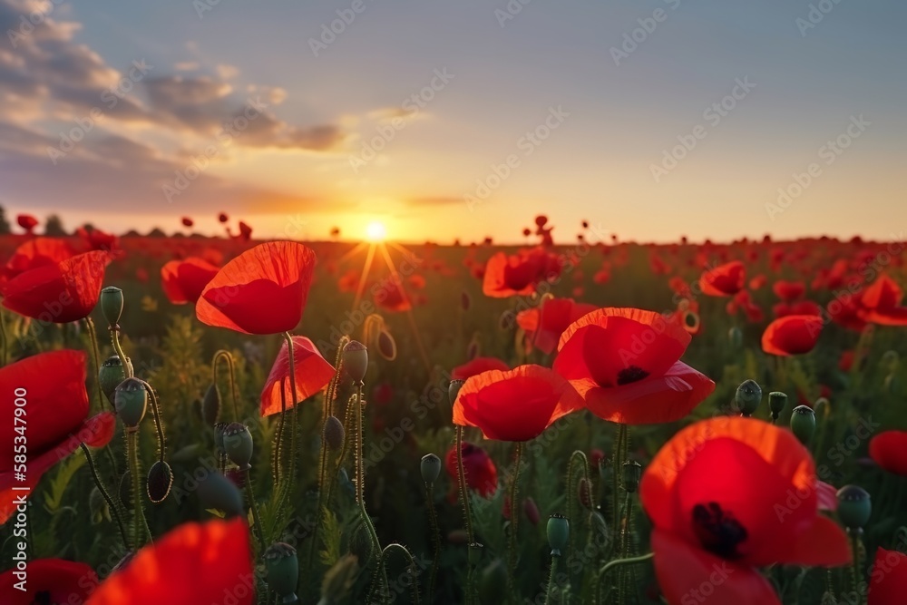 Bright beautiful flowers of red poppies in field, poppy, field, flower, nature, red, summer, spring, flowers, generative ai 