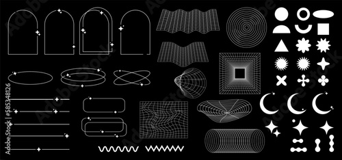 Set of white  y2k shapes, grids, frames, 3d elements on black background.  Futuristic cyberpunk retro elements