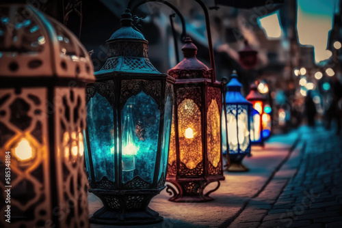 Old tradition designs of lanterns for lighting holy month of prayer in ramadan AI generated © Oleksandr