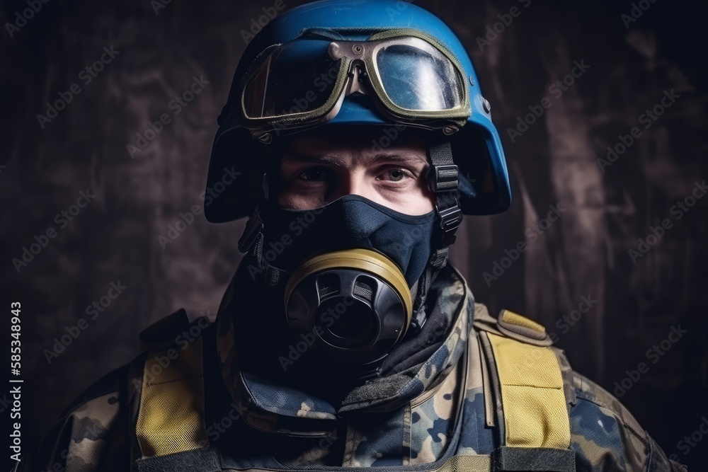 Ukrainian solder with helmet and gas mask on resting on the front lines. Special forces soldiers go to military operation. Generative AI Technology