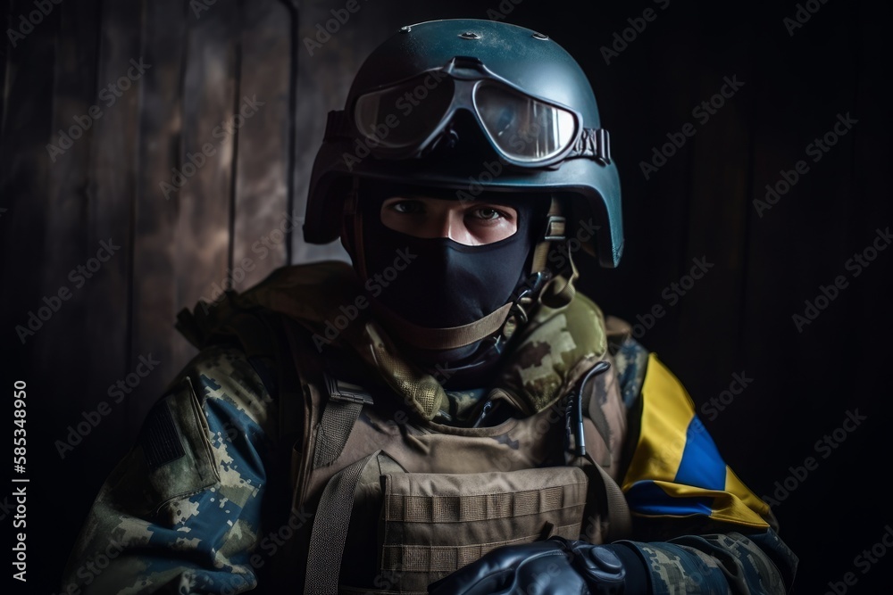 Naklejka premium Ukrainian solder with helmet and gas mask on resting on the front lines. Special forces soldiers go to military operation. Generative AI Technology
