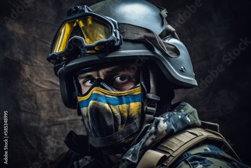 Ukrainian solder with helmet and gas mask on resting on the front lines. Special forces soldiers go to military operation. Generative AI Technology © Luisa