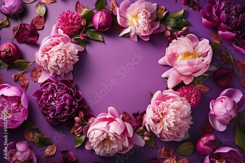 frame of purple roses and peonies and purple background