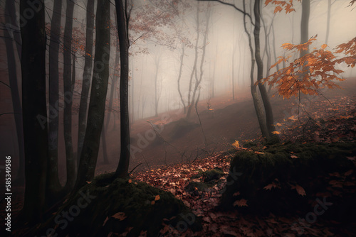 Dense fog in autumn forest with yellow leaves and green moss on tree bark AI generated