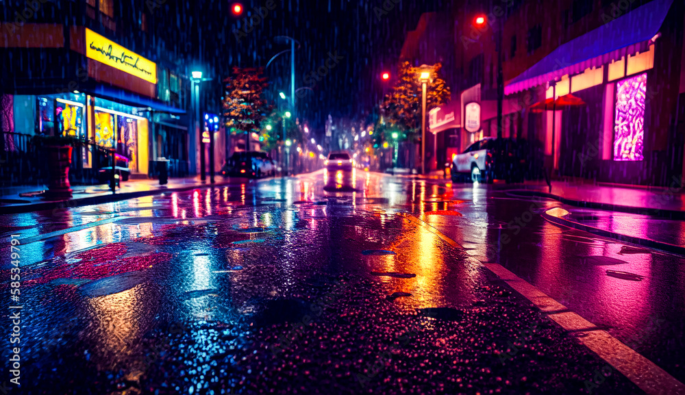 Wet urban city streets at a rainy weather, night reflections and neon street lights. Generative AI.