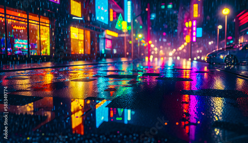 Rainy night at an urban city, wet streets, night light and reflections. Generative AI.