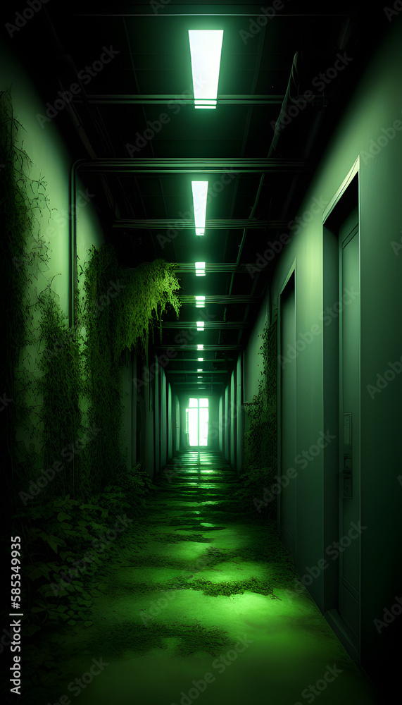AI Digital Illustration Green Empty Grunge Hallway