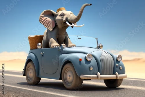Obraz Elephant driving convertible car, enjoying, IA