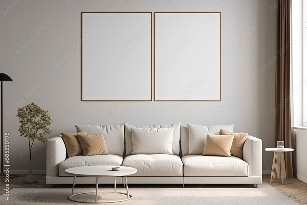 Mockup empty poster frame on the wall of living room over a sofa. Luxurious apartment background with contemporary design. Modern interior design idea - Generative AI Mockup empty poster frame on the wall of living room over a sofa. Luxurious apartment background with contemporary design. Modern interior design idea - Generative AI
