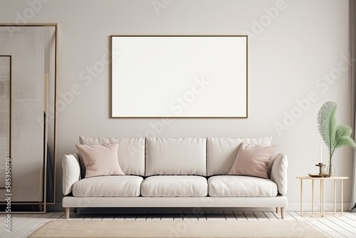 Mockup empty poster frame on the wall of living room over a sofa. Luxurious apartment background with contemporary design. Modern interior design idea - Generative AI
