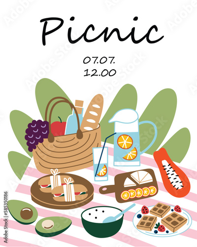 Picnic poster, greeting card with fruits and lemonade on picnic blanket card, hand drawn composition with wicker basket, food and drinks, invitation for outside meal, template with copy space, banner 
