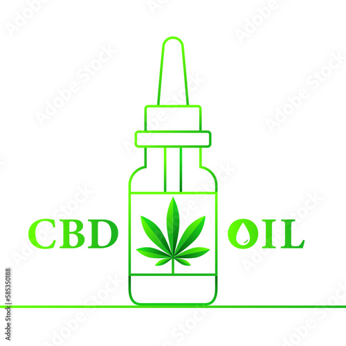 CBD oil concept in line art. Bottle, pipette and cannabis leaf. Minimalistic vector illustration isolated on white background.