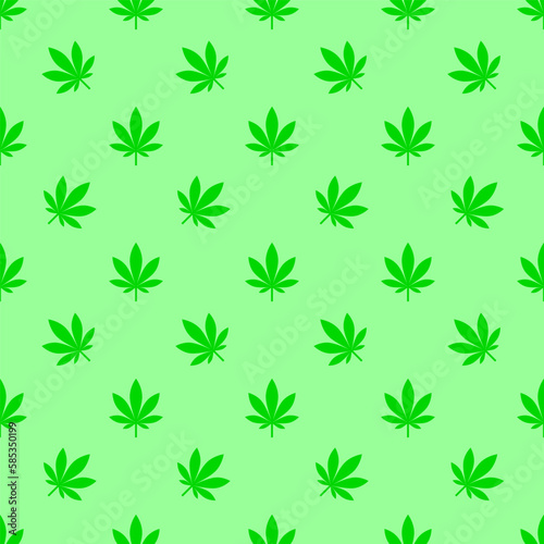 Cannabis plant, leaf and leaves as abstract seamless pattern design in monochrome green color. Vector illustration, wallpaper, texture. © lvnl
