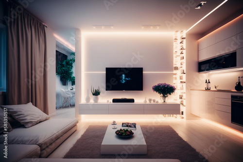 Modern living room with white furniture, clean minimalistic interior design. Super photo realistic background. Generative ai illustration