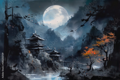 Traditionelle chinesische Malerei. Landschaft bei Nacht. Zeichnung von Hügeln, Landschaft, Mond und Gebäuden. KI generierter Inhalt. photo