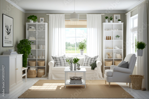 Modern living room with white furniture  clean minimalistic interior design. Super photo realistic background. Generative ai illustration