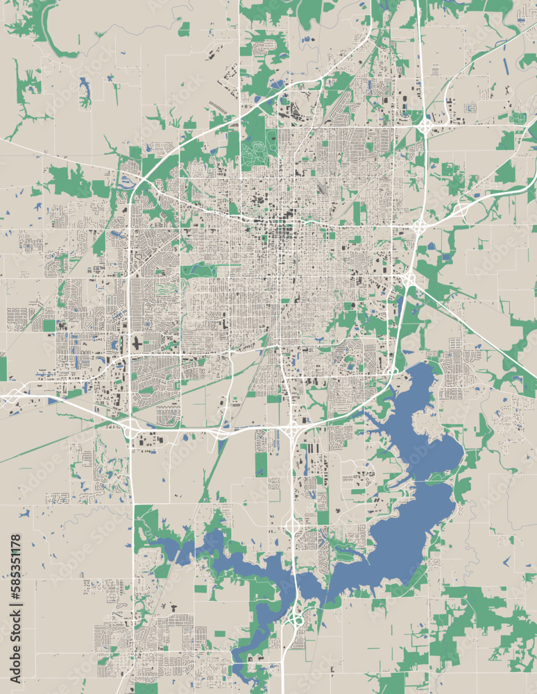 Detailed map of Springfield city, capital of the US state of Illinois. Municipal administrative area map with buildings, rivers and roads, parks and railways.