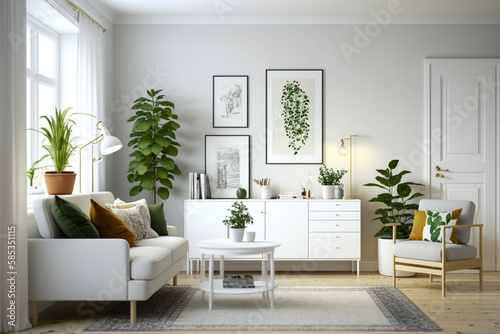 Modern living room with white furniture, clean minimalistic interior design. Super photo realistic background. Generative ai illustration © Anna