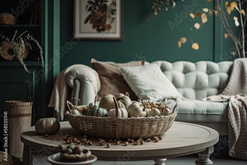 Antique white and green living room closeup. Sofa, autumn themed rattan table. acorn and dried leaf vase. Boho chic, autumn decor,. Generative AI