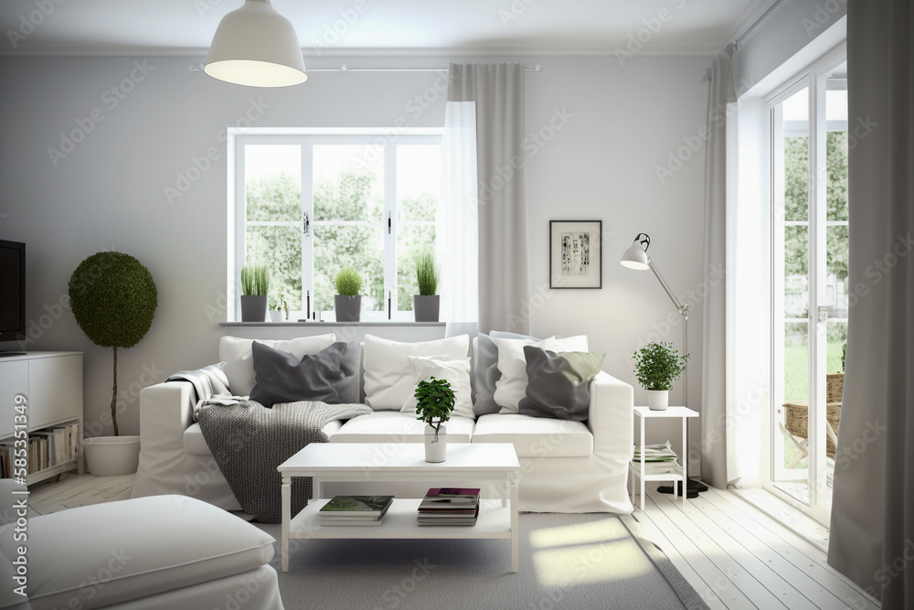 Modern living room with white furniture, clean minimalistic interior design. Super photo realistic background. Generative ai illustration