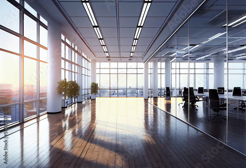 Large bright meeting room with panoramic windows. AI Generated