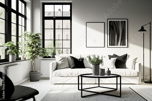 Modern living room with white furniture  clean minimalistic interior design. Super photo realistic background. Generative ai illustration