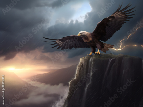 thunderbird perched on rocky cliff, wingspan wide open, lightning storm in the sky, generative AI 