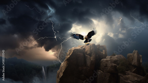 majestic thunderbird perched on cliff, wings spread wide, lightning storm background, generative AI photo