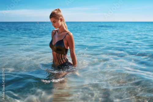 Summer Holday  A beautiful woman in a bathing suit bathes in the sea. turquoise water. Ai generative
