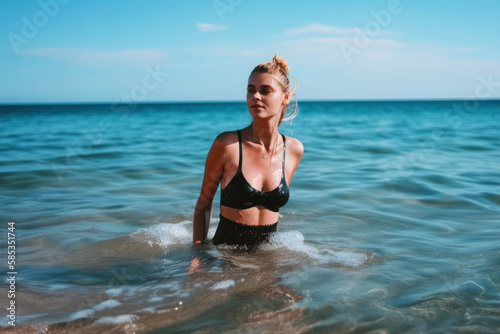 Summer Holday, A beautiful woman in a bathing suit bathes in the sea. turquoise water. Ai generative