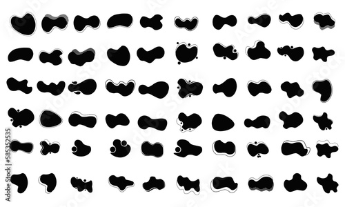 60 Black fluid vector illustration set. Modern vector liquid with random shapes.  Abstract blob shape elements with flat style design.